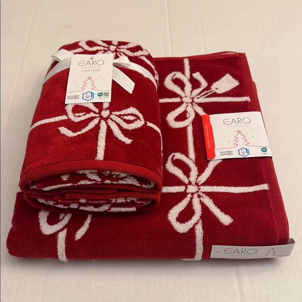 3pc CARO HOME Reversible Christmas Bows Bath Towel Set - 100% Cotton - Red/White